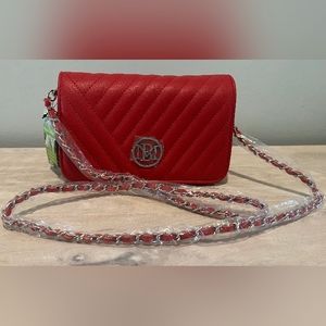 Studio Badgley Mischka Bag with Metal Logo in Ruby Red Vegan Leather   N…